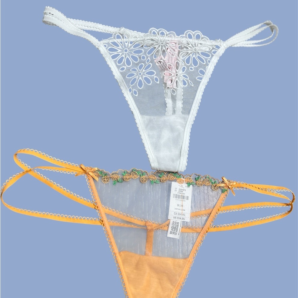2 Victoria's Secret and pink White & Orange Floral Lace Thong Set Sz M
